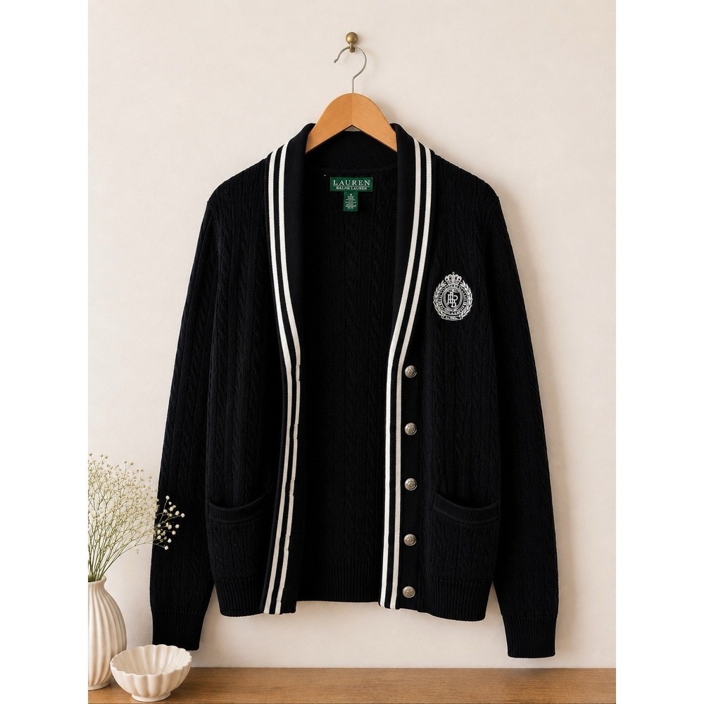 Lauren Ralph Lauren Active Cardigan Blk Varsity Cable Knit Shawl Collar Size XS - Picture 7 of 14